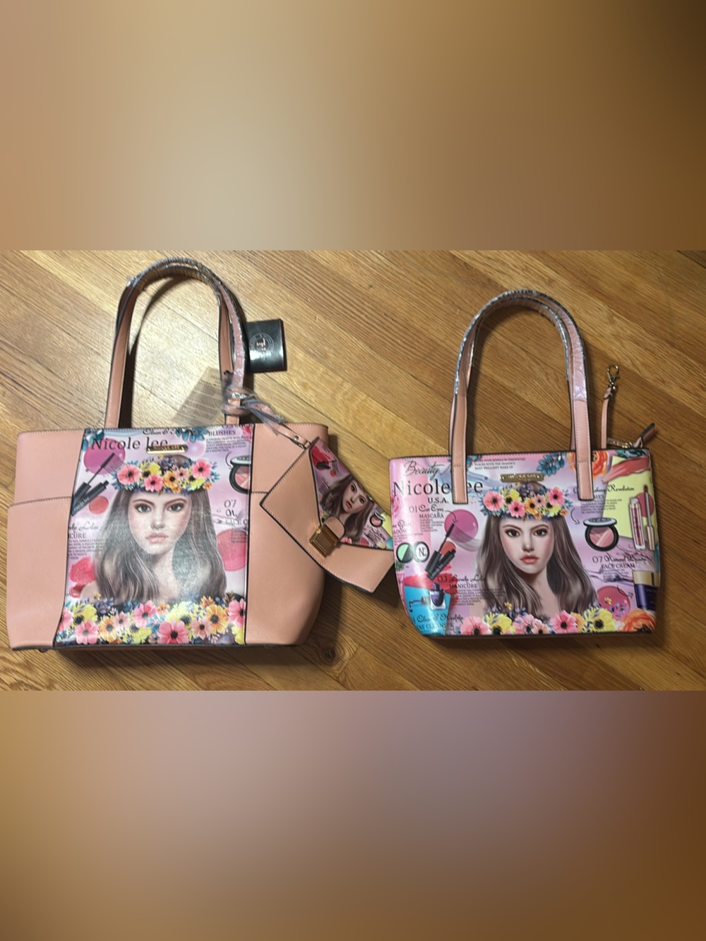 2 Nicole Lee Pink Floral Girl-Print Tote Bag Set with Wristlet - Picture 2 of 8